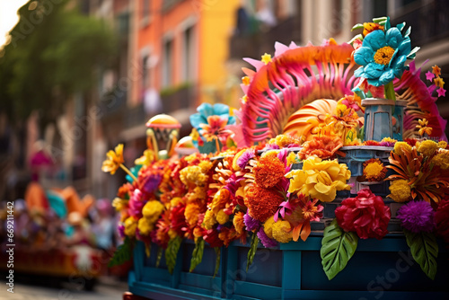 A carnival float adorned with colorful flowers and decorations, love and creativity with copy space