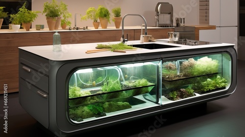 a futuristic kitchen with inbuilt composting