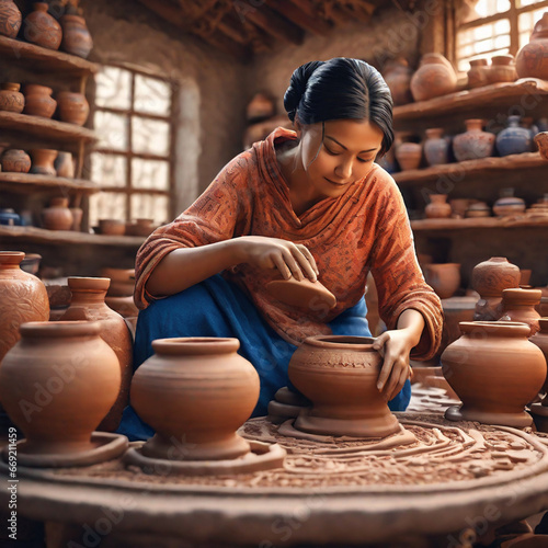 Charming handicraftsman shows how to work with clay and pottery wheel. A woman working on a potter wheel in pottery workshop. A Family business shop sculpts pot from clay Generative AI

