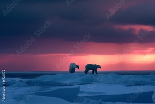 polar bear on drifting ice with snow