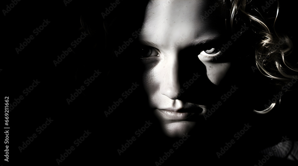Black and white photo of a woman's face with an intimidating stare, lit with ominous low-key lighting 