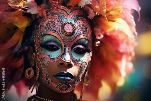 A carnival-goer with a unique and intricate face mask, love and creativity with copy space