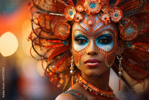 A carnival-goer with a unique and intricate face mask, love and creativity with copy space © Лариса Лазебная