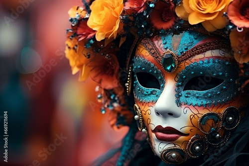 A carnival-goer with a unique and intricate face mask, love and creativity with copy space