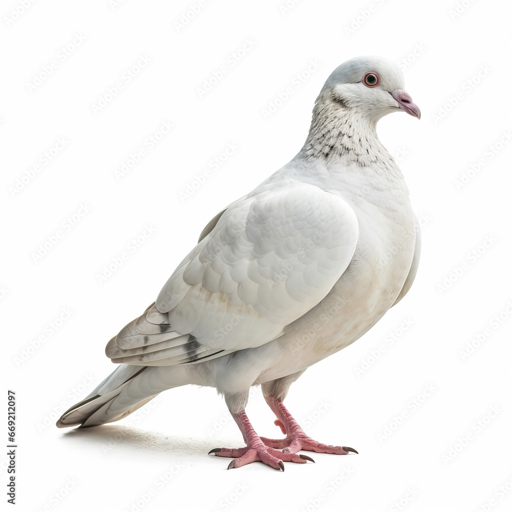 Naklejka premium Ethereal Elegance: A White Pigeon's Tranquil Poise,pigeon isolated on white background