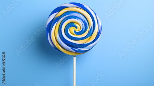Illustration of colorful striped yellow, white, and blue lollipop on a blue background. Wallpaper.