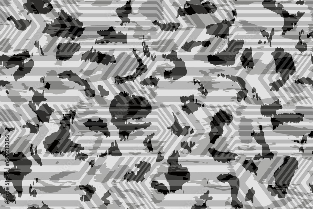 Full seamless geometric camouflage texture pattern vector. Usable for Jacket Pants Shirt and Shorts. Army textile fabric print. Black white military camo design.