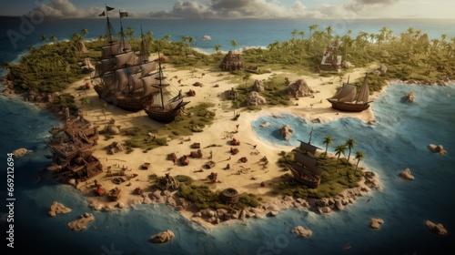 Isometric pirate of the carribean ruins map, video game concept art