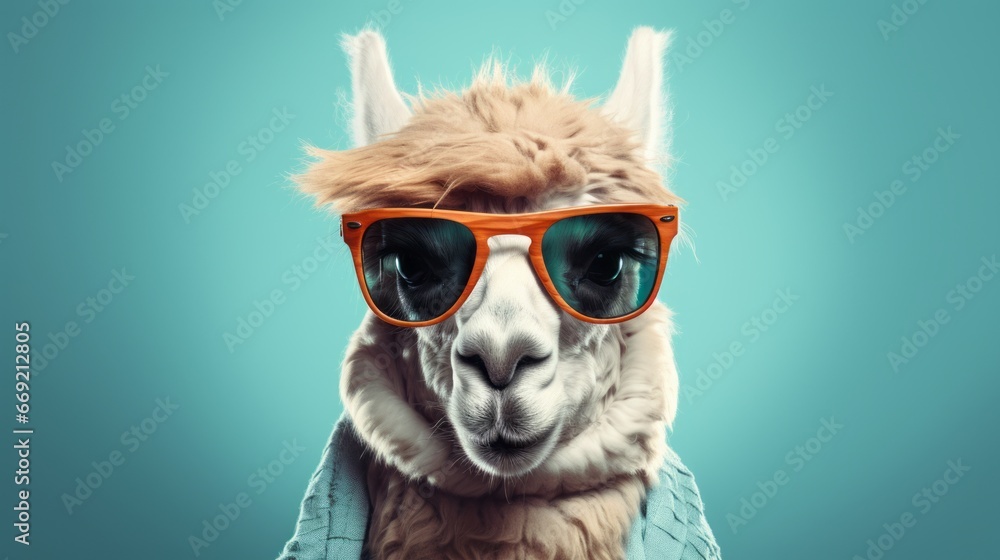 A studio portrait of a funky hipster alpaca wearing a jacket, sunglasses, on a seamless blue colored solid colored background