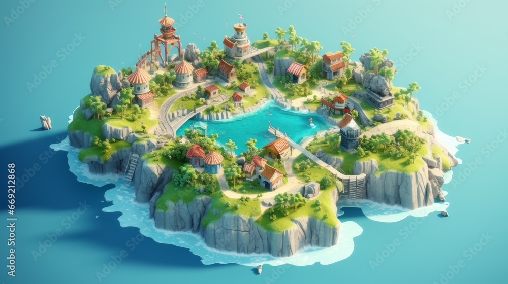 Isometric map of some tiny isle with houses on it in the carribean sea, video game concept art