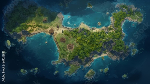 Isometric pirate of the carribean ruins map, video game concept art