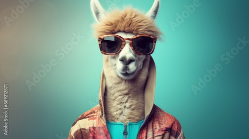 A studio portrait of a funky hipster alpaca wearing a jacket  sunglasses  on a seamless blue colored solid colored background