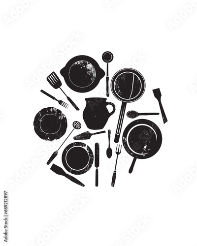 Vector illustration with black grunge utensils.  Kitchen objects  drawn in circle on white background.