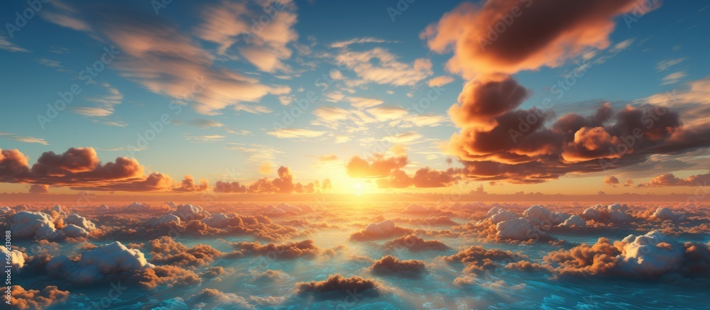 The sun sets in a golden sky. Blue sky with several clouds of various shapes, cloudy blue sky. beautiful display
