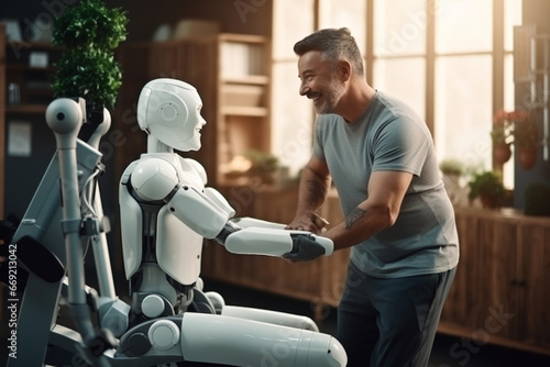 A humanoid robot helping a person with physical therapy exercises, love and creativity with copy space