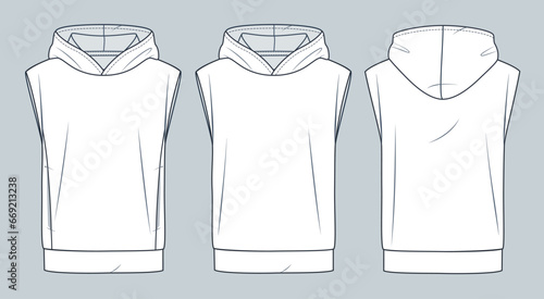 Sleeveless Hoodie technical fashion illustration. Hooded Sweatshirt fashion flat technical drawing template, pockets, front and back view, white, women, men, unisex CAD mockup set.