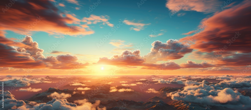 The sun sets in a golden sky. Blue sky with several clouds of various shapes, cloudy blue sky. beautiful display