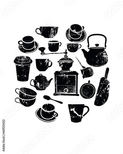 Vector concept with black grunge utensils for tea and coffee.  Kitchen objects  drawn in circle on white background.