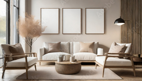 three empty vertical picture frames in a modern living room with white sofa and beige pillows japandi interior wall art mockup photo