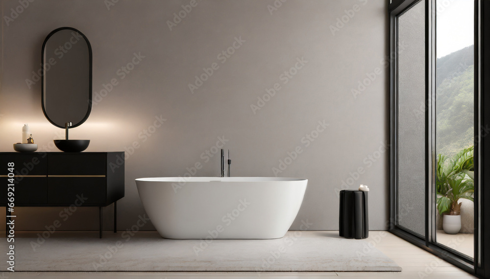 modern bathroom interior with white tub and black table empty neutral wall for mockup promotion background