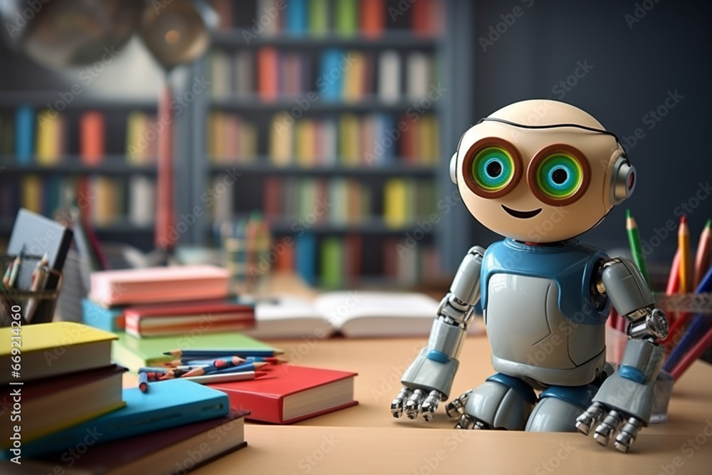 A robot designed for educational purposes, teaching students about technology and automation, love and creativity with copy space A robot designed for educational purposes, teaching students about technology and automation, love and creativity with copy space
