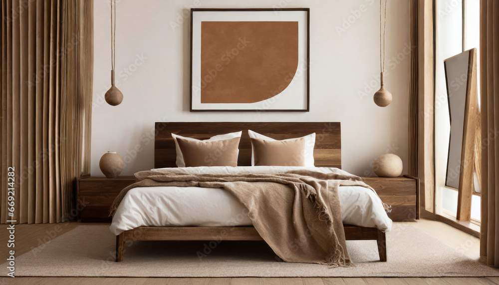 boho bedroom interior in neutral beige tones wooden double bed with pillows abstract brown wall art in frame on a white wall