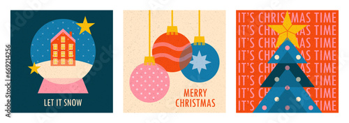 Merry Christmas vintage posters set in risograph style with grain texture. Collection of trendy xmas riso greeting cards with phrases.