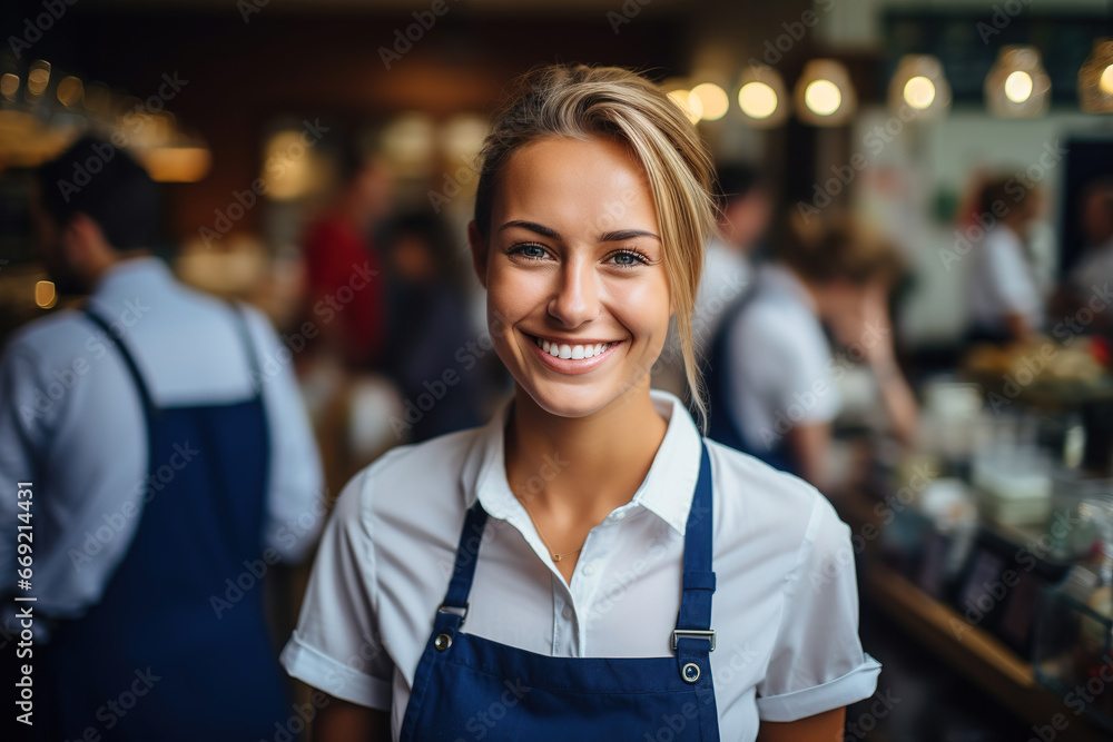 Smiling, young and attractive saleswoman, cashier serving customers with blurred shop in the back, with empty copy space Smiling, young and attractive saleswoman, cashier serving customers with blurred shop in the back, with empty copy space