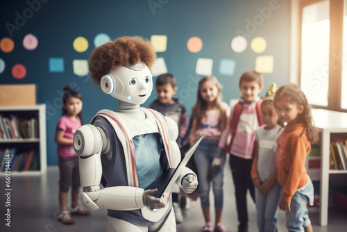 A robot interacting with children in an educational setting, sparking curiosity and innovation, love and creativity with copy space