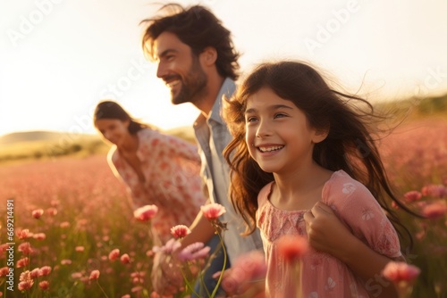 Portrait of girl and her family happy in the countryside at sunset, family concept, father's day concept, mother's day concept