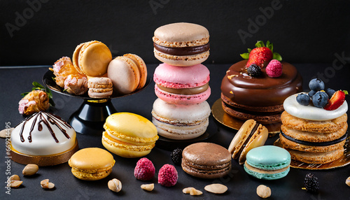 a collection of macarons and pastries on a black background generative ai