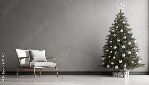 minimalist christmas tree near grey textured wall monochrome empty living room wall scene mockup promotion background
