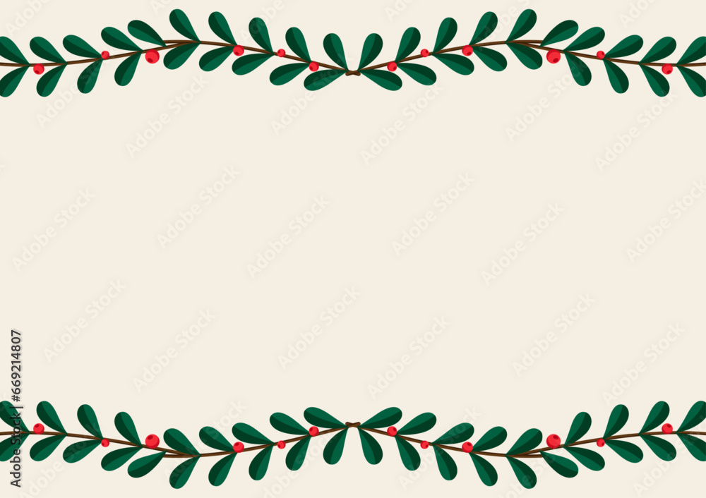 Obraz premium Merry Christmas frame. Elegant Merry Christmas and New Year 2023 Cards with Pine Wreath, Mistletoe, Winter plants design illustration for greetings card.