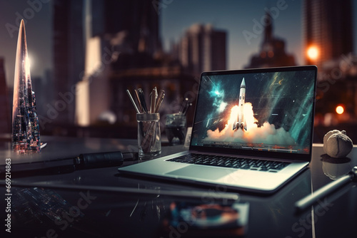 a modern desk with a sleek laptop and office supplies. on the laptop a rocket takes off out of the screen. cinematic light