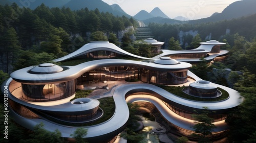 In a national forest park, modern fashion style villa architecture, arc shape bird 's-eye view