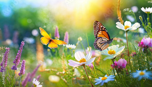 beautiful spring summer background nature with blooming wildflowers wild flowers in grass and two butterflies soaring in nature in rays of sunlight close up spring summer natural landscape © Art_me2541