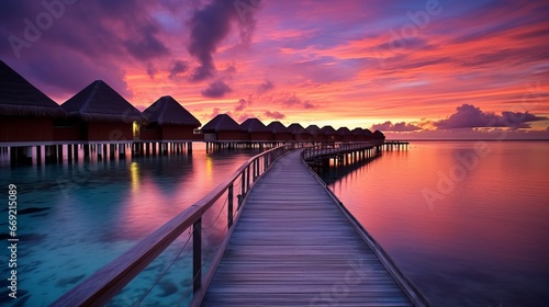 Maldives, pristine beaches, overwater bungalows, crystal-clear waters, sunset glow, feathered clouds, tropical paradise, turquoise lagoons, crimson sky, luxury resorts, tranquil seascape, white sands, photo