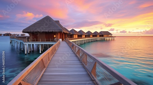 Maldives, pristine beaches, overwater bungalows, crystal-clear waters, sunset glow, feathered clouds, tropical paradise, turquoise lagoons, crimson sky, luxury resorts, tranquil seascape, white sands,