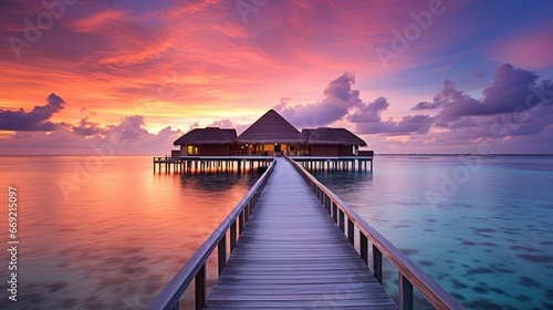 Maldives, pristine beaches, overwater bungalows, crystal-clear waters, sunset glow, feathered clouds, tropical paradise, turquoise lagoons, crimson sky, luxury resorts, tranquil seascape, white sands, © medienvirus