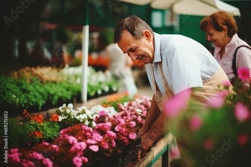mature men strolling through a flower market © Eva Corbella