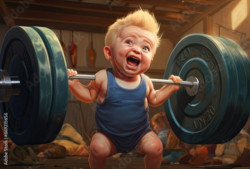 Weight lifters for kid boy in barbell weightlifting poses. Black studio backdrop in gym.