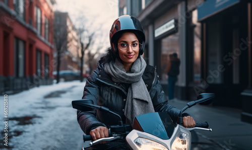 Indian woman riding an electric scooter in city street in wintertime photo