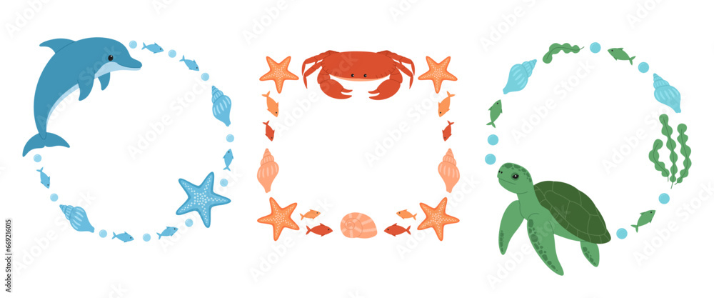 Set of frames with sea animals. Round and square frames wirh dolphin, crab and turtle. Marine collection. Vector flat illustration isolated on white background - obrazy, fototapety, plakaty 