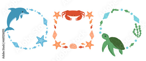 Set of frames with sea animals. Round and square frames wirh dolphin, crab and turtle. Marine collection. Vector flat illustration isolated on white background