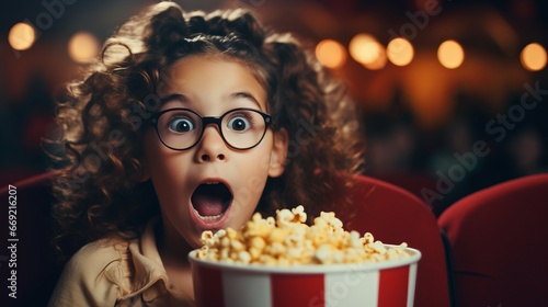 young small girl sitting in cinema hall holding bucket of popcorn looking scared or surprised into the camera, eyes and mouth wide open, enjoying and having fun at the movie theater