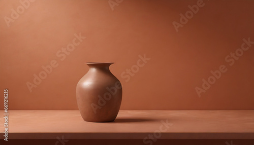 minimalist terracotta background monochrome empty table with cooper vase wall scene mockup product for showcase promotion background photo