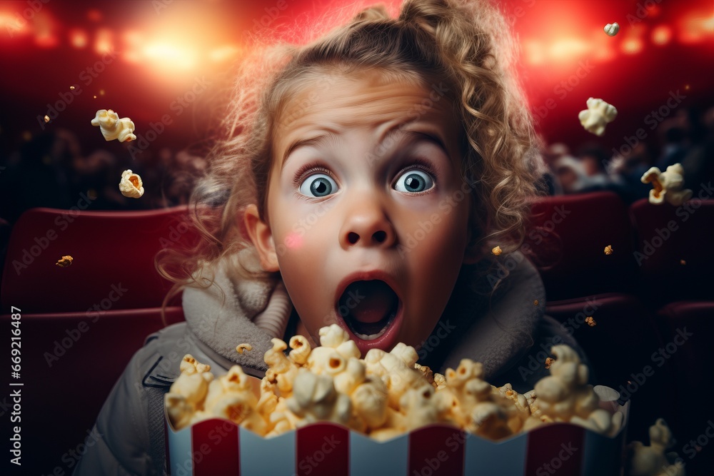 young small girl sitting in cinema hall holding bucket of popcorn looking scared or surprised into the camera, eyes and mouth wide open, enjoying and having fun at the movie theater young small girl sitting in cinema hall holding bucket of popcorn looking scared or surprised into the camera, eyes and mouth wide open, enjoying and having fun at the movie theater