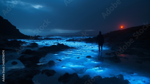 Walking along a glacial fed water with glowing radioactive blue 