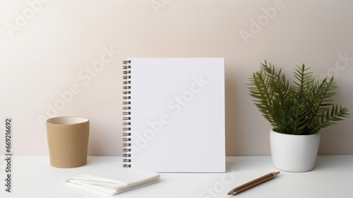 mock-up of woman writing in a Blank white size a5 spiral notebook in a modern, beige room, white wall whit plants  photo