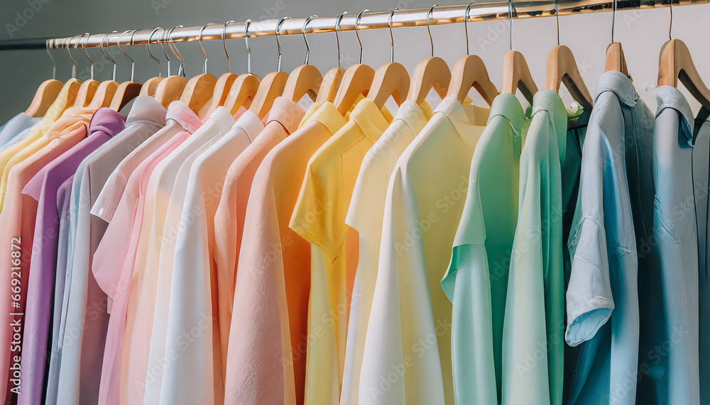 row of colorful clothes on hangers in pastel rainbow colors generative ai